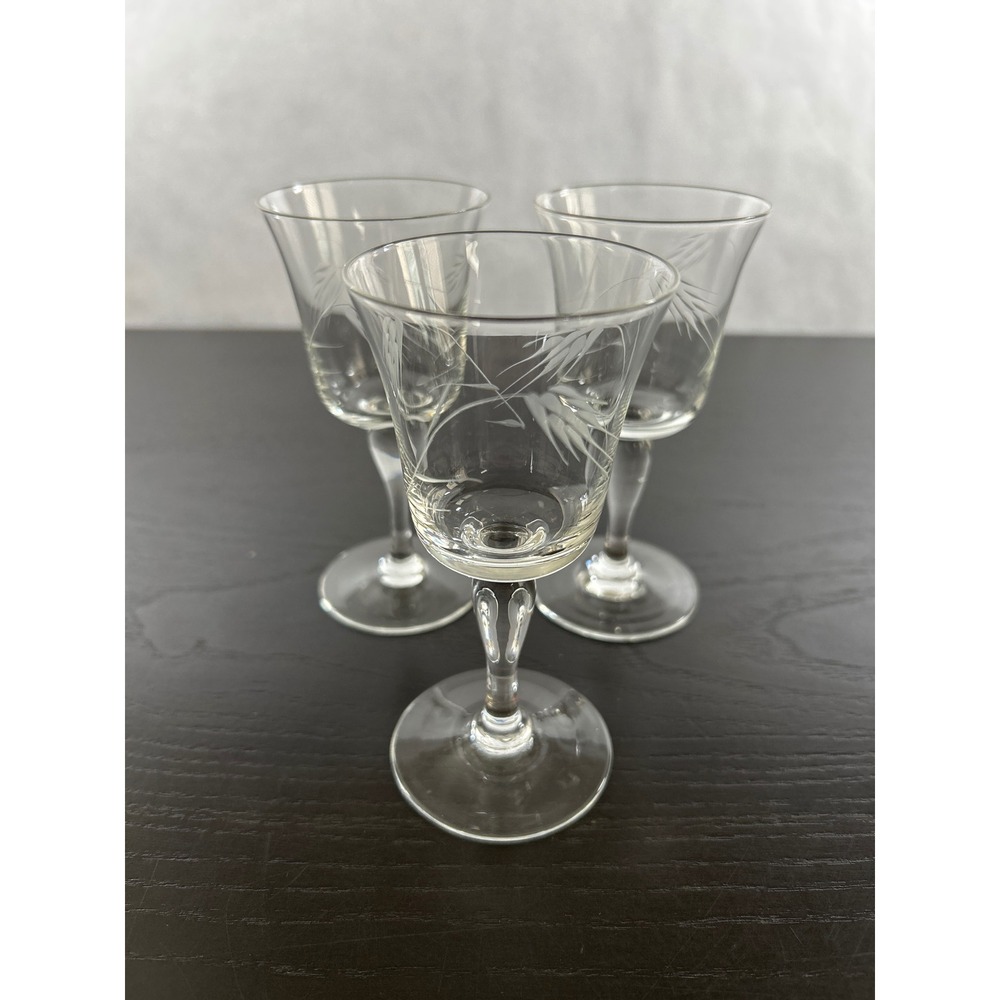 Vintage Etched Wheat Crystal Cordial Glasses Set of 3 Clear Stemmed Liqueur 4in